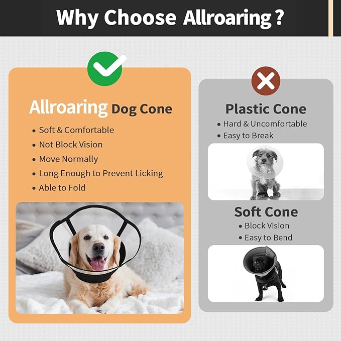 Allroaring Dog Cone Alternative, Soft Dog Cones for Large Dogs, Adjustable Doggie Recovery Cone Collar Comfy Pet Elizabethan Collars to Stop Licking for Wound Healing Care Spay Neuter, Black L