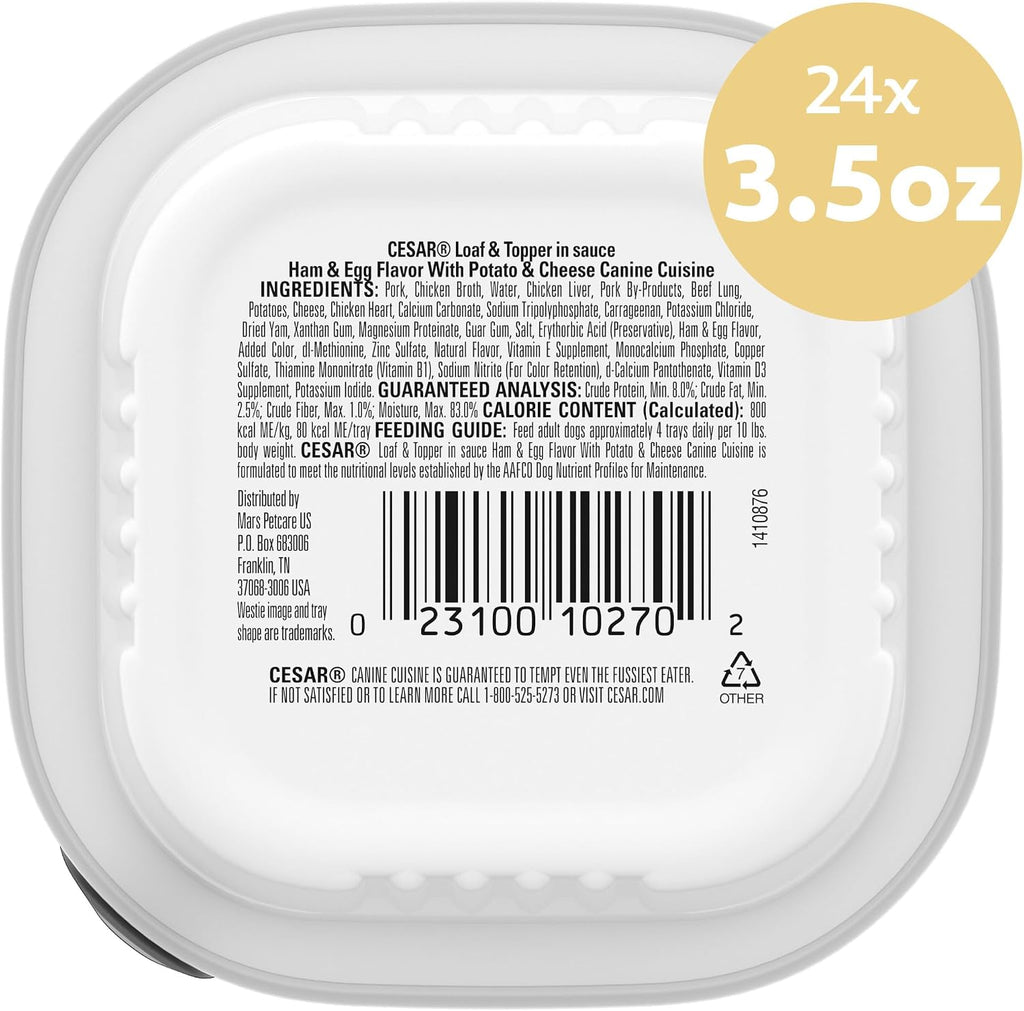 Cesar Loaf & Topper Wet Dog Food, Ham & Egg Flavor, 3.5 oz, 24 Count | Pork #1 ingredient, easy to digest, no fillers or added sugar, use as meal or food topper, easy peel trays