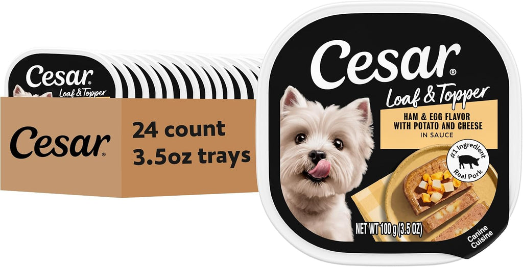 Cesar Loaf & Topper Wet Dog Food, Ham & Egg Flavor, 3.5 oz, 24 Count | Pork #1 ingredient, easy to digest, no fillers or added sugar, use as meal or food topper, easy peel trays