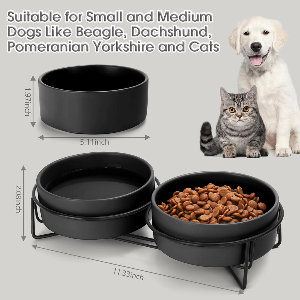 Ceramic Cat Bowl Set with Stand, 13.5oz Dog Food and Water Bowl Suitable for Small and Medium Pets (1.7 Cups, Black x 2)