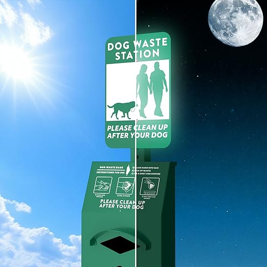 POCHAR Dog Waste Station Outdoor, Aluminum Rustproof Pet Poop Station with 600 Waste Bags & 50 Can Liners, Dog Park Equipment with Sign & Lid - Pet Poop Disposal System for Backyard