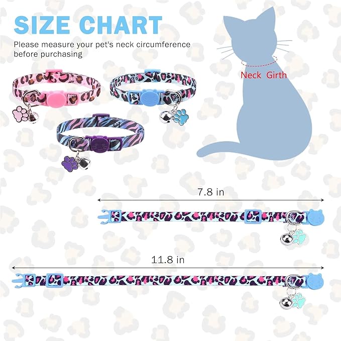 SCENEREAL Breakaway Cat Collar with Bells, Safety Buckle Soft Adjustable Cute Cats Collars for Summer, Kitten Puppy Personalised Leopard and Tiger Print Collars for Dogs Girl Boy