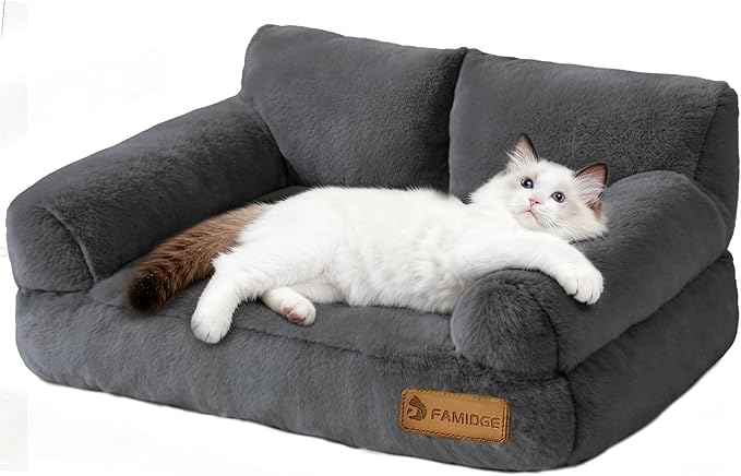 Cat Couch Bed - Cat Bed for Indoor Cats, Calming Pet Sofa Puppy Sleeping Bed with Removable Washable Cover, Cute Dog Couch and Kitty Lounge Chair for 12lbs Cats & Small Dogs(Dark Grey)