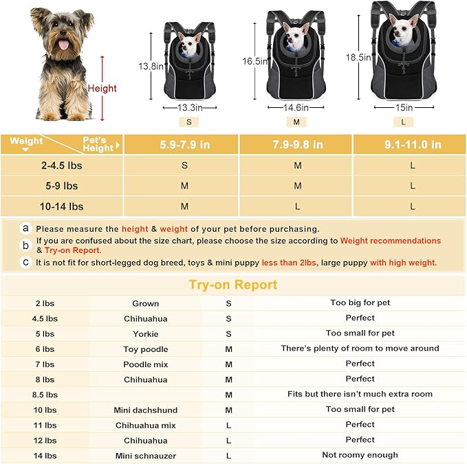 WOYYHO Pet Dog Carrier Backpack Small Dog Front Backpack Ventilated Dog Carrier Back Pack with Storage Pockets, Adjustable Straps & Safety Belt for Travel Hiking Outdoor (Size M: 5-9 lbs, Black)
