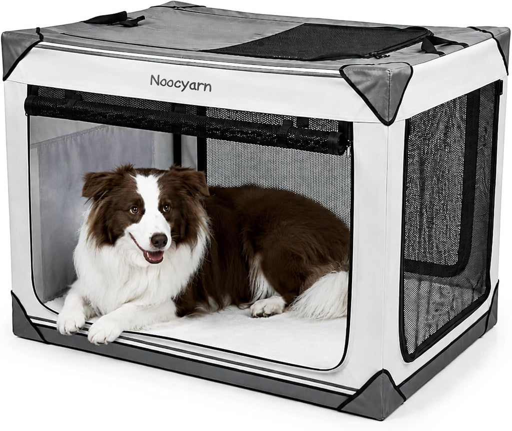 Collapsible Soft Dog Crate 36 Inch, Portable Travel Pet Crate for Large Dogs with 4-Door Mesh, Large Dog Kennel Indoor & Outdoor, Light Grey