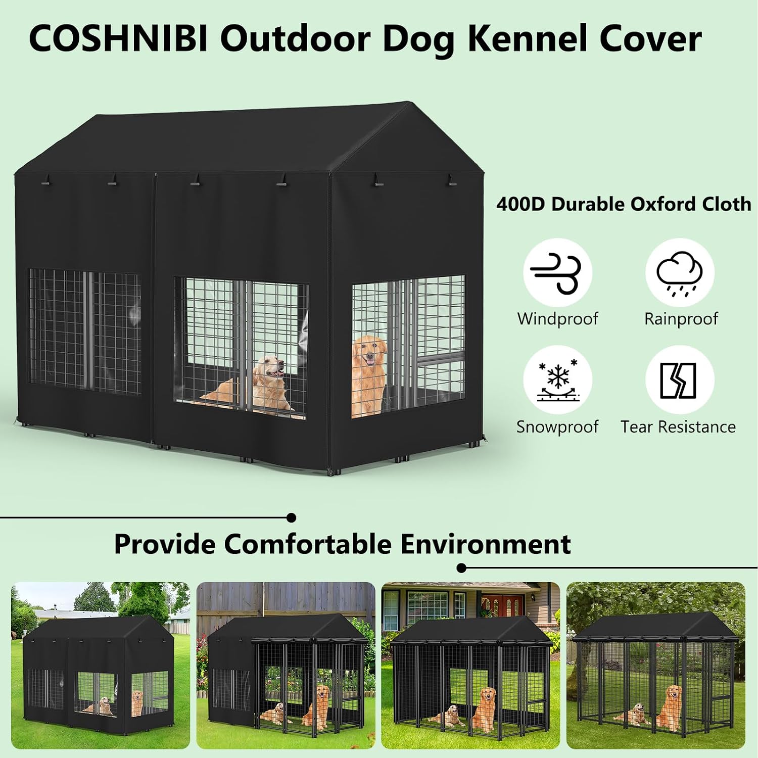COSHNIBI Outdoor Dog Kennel Cover, Heavy Duty Waterproof Large Dog Cage Cover, Windproof UV Resistant, Fits for 8.1'Dx4.1'Wx6.1'H Dog Cages, Black