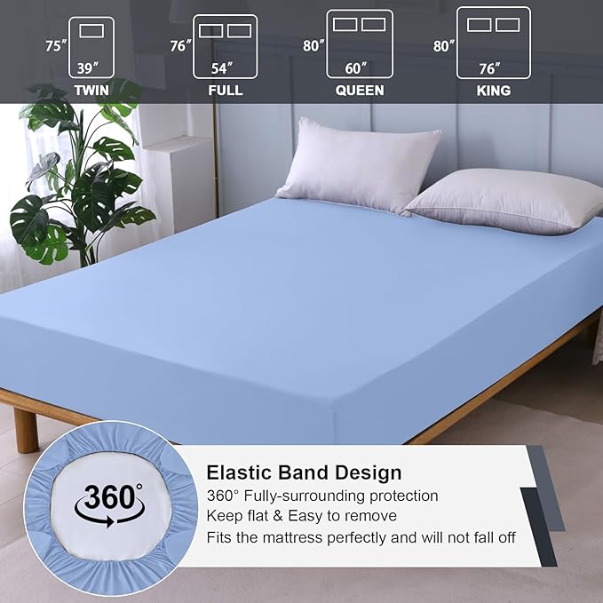 Waterproof Mattress Protector Queen, Fitted Sheet Style Breathable Mattress Cover with Deep Pocket Fits Up to 18'', Noiseless Bed Cover for Kids Adults Pets, Machine Washable (Sky Blue, 60'' X 80'')