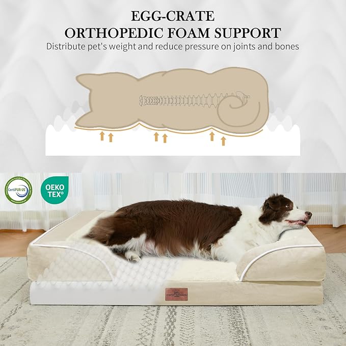 Comfort Expression Orthopedic Dog Bed for Extra Large Dogs 45x35 Inch, Waterproof Supportive Egg Crate Foam XL Pet Bed with Removable Bolsters, Dog Couch with Washable Cover & Non-Slip Bottom, Beige