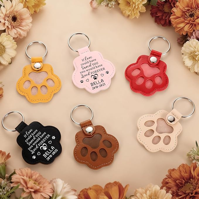 Eunigem Personalized Pet Hair Keychain for Dogs Cats-Custom Paw Keychains for Dog Hair-Shaped Leather Keychain,Pet Memorial Gifts Remembrance Accessory Refillable Keepsake for Bag or Key (Color-1)