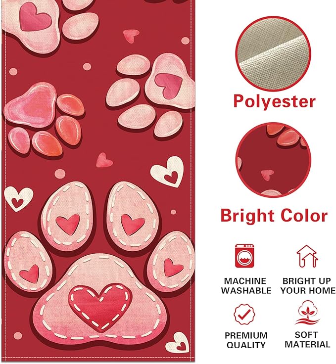 Valentines Day Dog Cat Paw Prints Table Runner, Red Love Hearts Kitchen Dining Table Decoration Pet Lover Gift, Anniversary Wedding Burlap Indoor Outdoor Home Decor Party Supply 13 x 108 Inches