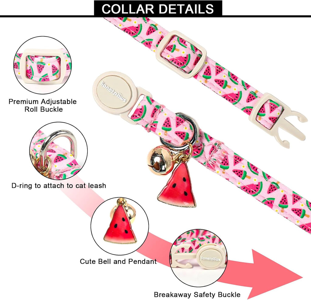 Lionet Paws 2pcs Pack Summer Cat Collar,Breakaway Buckle with Blue Shark and Pink Watermelon Pendant Cute Adjustable Cat Kitten Collar,Ideal for Girl Boy Cats