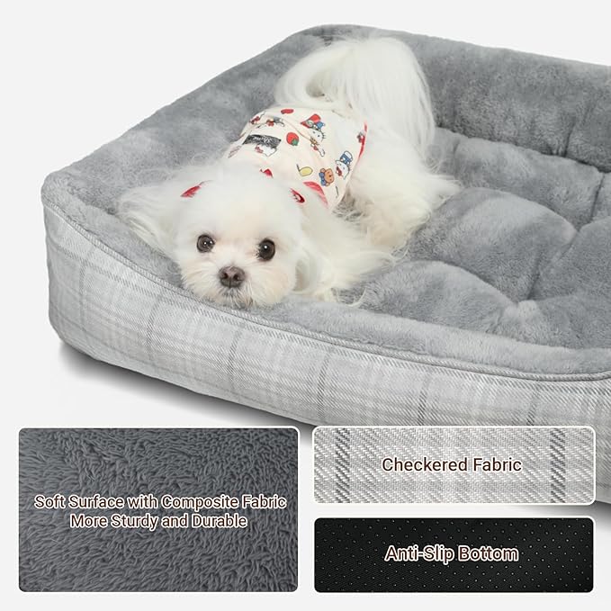 MIHIKK Rectangle Dog Beds for Small Medium Dogs & Cats, Orthopedic Sleeping Pet Bed for Couch with Durable Puppy Cuddler and Anti-Slip Bottom Machine Washable 25 * 21 Inch (Gray)