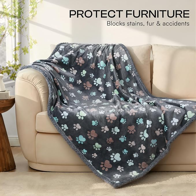 Luciphia Waterproof Pet Blankets for Couch Sofa Bed Cover Liquid Pee Proof Washable Soft Fluffy Large Dog Blanket Reversible Furniture Protection Grey Paw Thicken Large（65" x 57"）