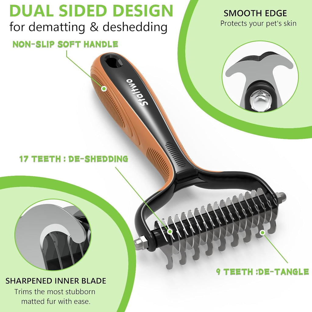 Staltwo Deshedding Dog Brush for Shedding, Undercoat Rake for Dog&Cat | Orange Extra-Wide Double-Sided Pet Grooming tool | Shedding Control for Long/Medium-Haired Dogs and Cats, Knot Removal