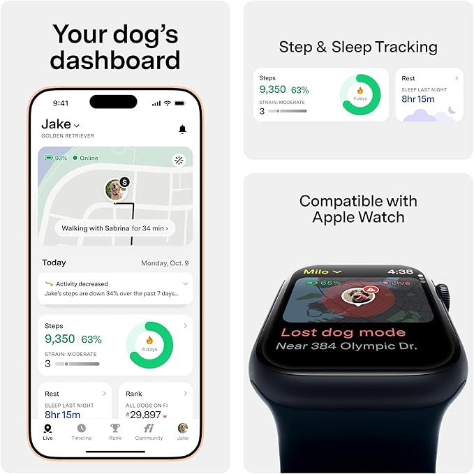 New Fi Series 3+ Smart Dog Tracker Collar [6 Month Membership Included] GPS Tracker for Dogs with Health & Behavior Monitoring, Escape Alerts, Waterproof, LED, Apple Watch Compatible (Blue, Medium)