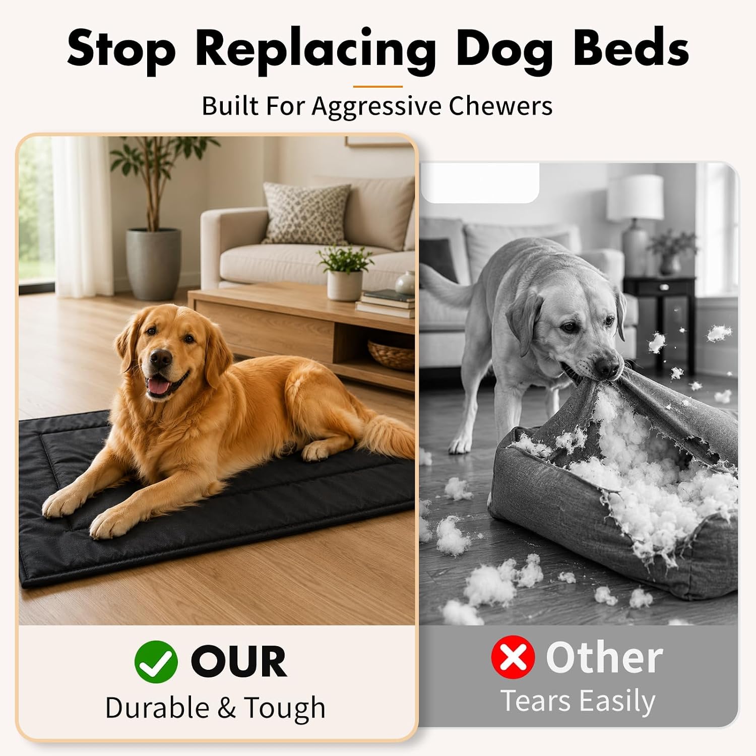 Chew Proof Dog Crate Pad, Indestructible Dog Bed for Aggressive Chewers, Waterproof Machine Washable Dog Kennel Pad (29x18 in)