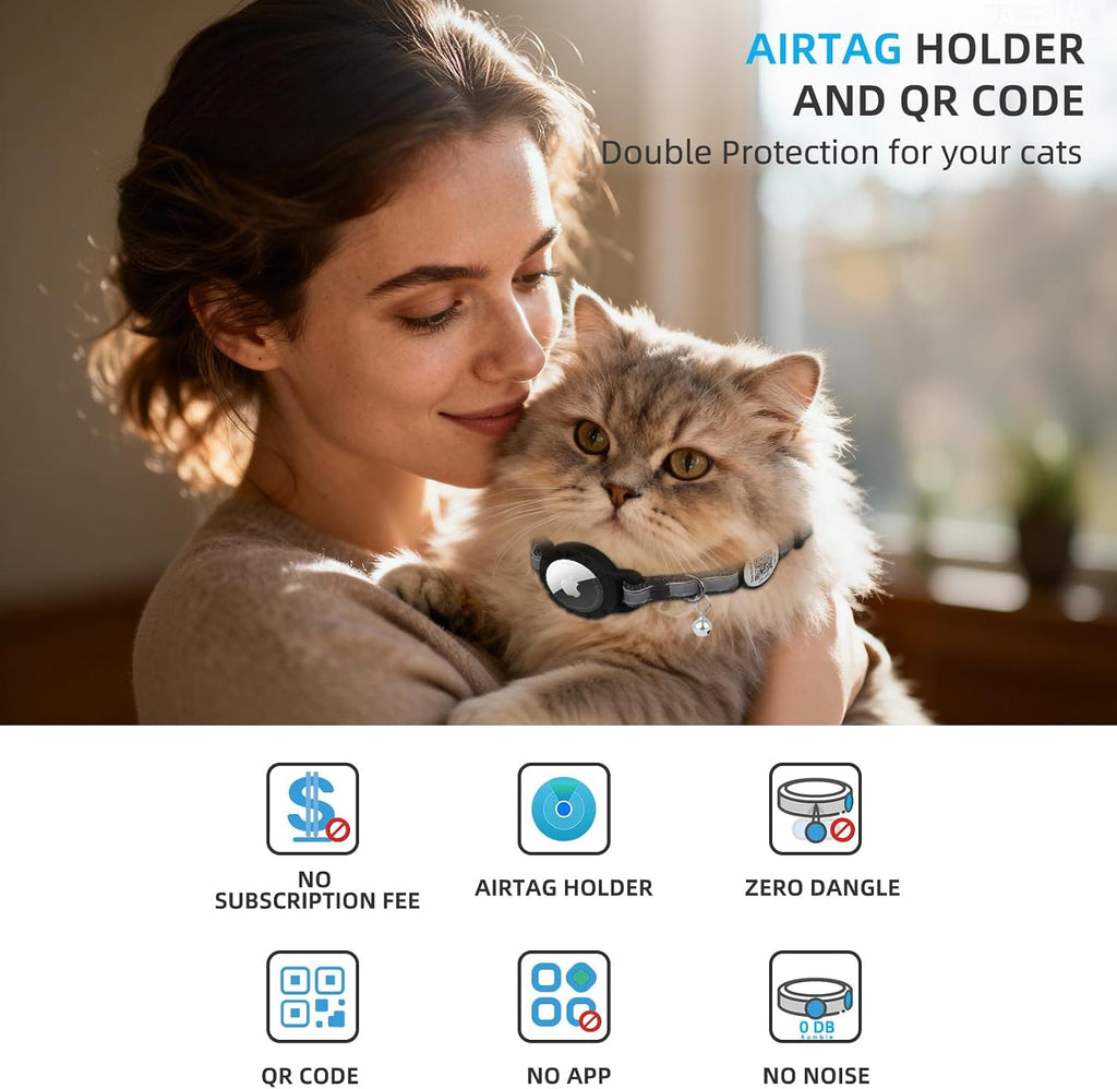 Airtag Cat Collar Breakaway with QR Code Name Tag (Black,8.5-11.5 Inch) | Reflective Kitten Collar with Apple Air tag Holde and Bell, Soft, Durable, Adjustable, Quick Release for Small Large Cat