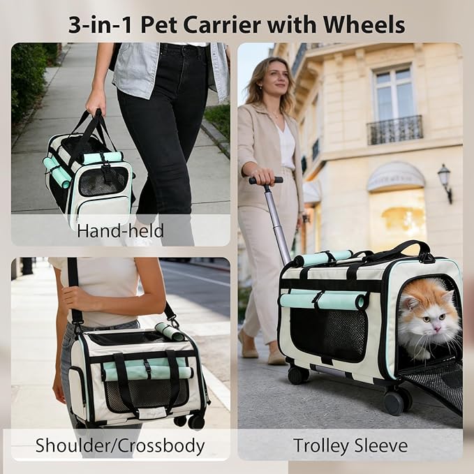 Expandable Pet Carrier with Wheels for Small Dogs and Cats,Airline Approved Rolling Cat Carrier with Removable Platform,18"X11"X14",Foldable Soft-Sided Travel Bag Fits Under Seat,Up to 16 lbs(Green)