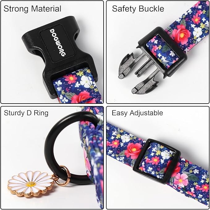 DOGWONG Blue Flower Dog Collar, Cute Adjustable Floral Collar, Girl Female Dog Collar with Strong Plastic Buckle for Small Medium Large Dogs,XL