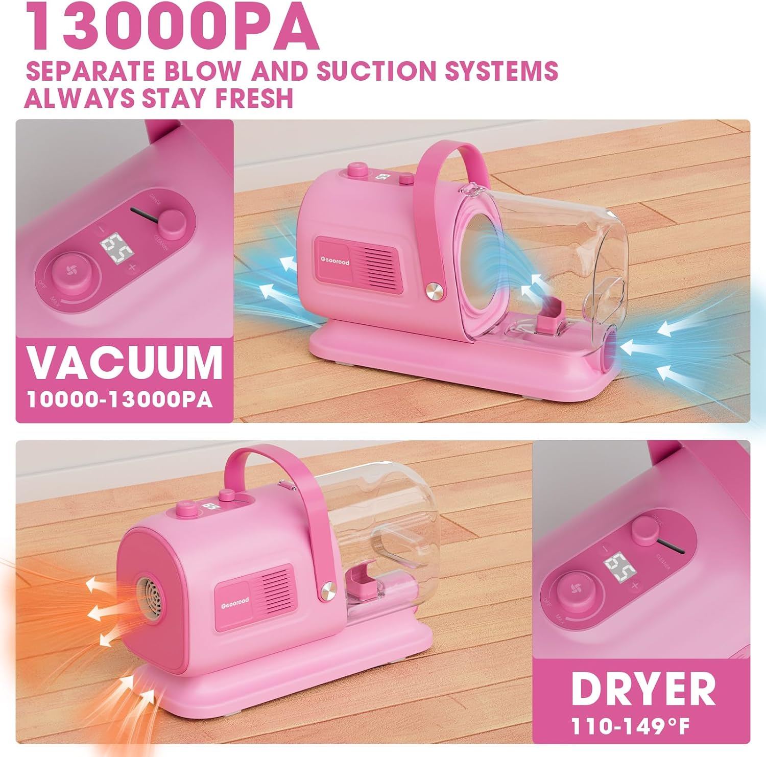 Dog Grooming Vacuum and Dryer Kit, Blower for Pet Vacuum Grooming 7 in 1 with Clippers for Dogs Hair Shedding Brush Remover Tools at Home Pink