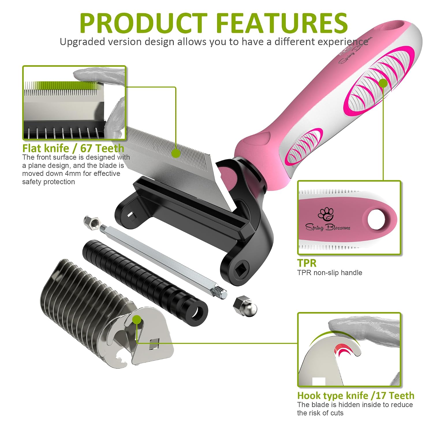 Spring Blossoms-2 in 1 Professional Grooming Rake for Cats & Dogs-Dematting Comb for Easy Mats & Tangles Removing,Pet Brush Safe No More Nasty Shedding and Flying Hair (Purple)