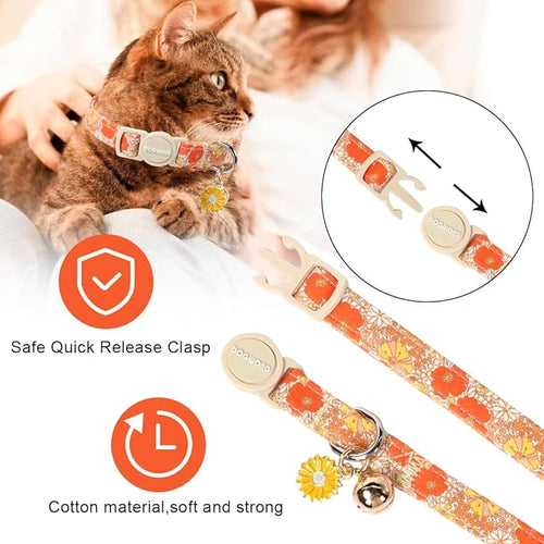 2 Pack Flower Cat Collars Breakaway with Bell, DOGWONG Safety Buckle Rose Floral Cute Cat Collar for Girl Boy Cats，Adjustable 7-12 Inch