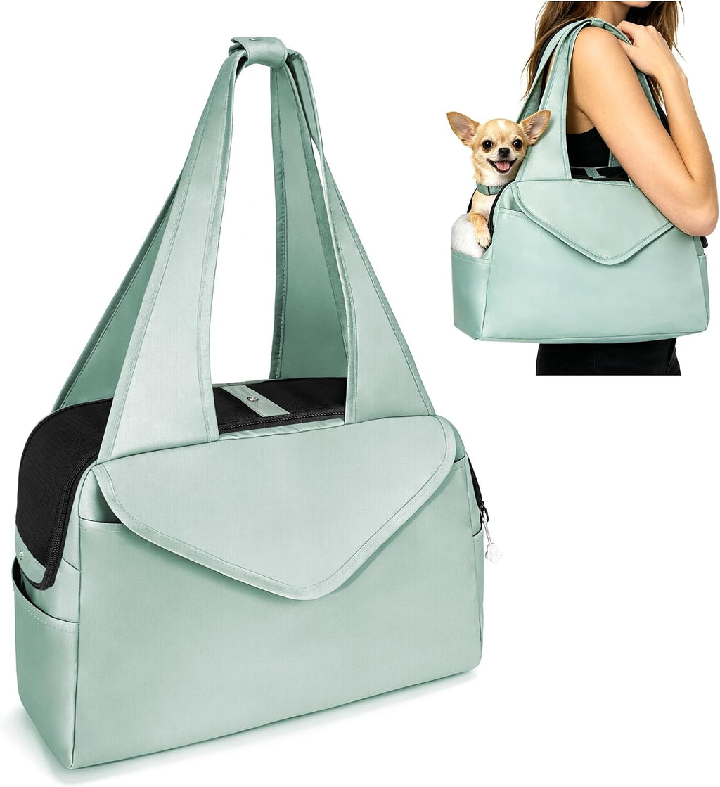 Lightweight Dog Purse with Large Pockets for Small Dogs up to 8 lb | Stylish, Soft-Sided Small Dog Carrier with Safety Buckle and Breathable Anti-Scratch Mesh for Travel, Sage Green
