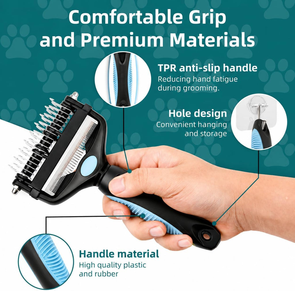 3-IN-1 Pet Grooming Tool - Undercoat Rake, Dematting Comb & Deshedding Brush for Cats, Dogs, Horses - Removes Mats, Tangles & Loose Fur, Reduces Shedding & Prevents Hair Mess (Blue)