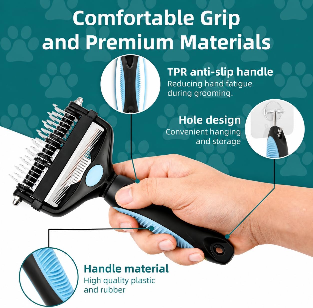 3-IN-1 Pet Grooming Tool - Undercoat Rake, Dematting Comb & Deshedding Brush for Cats, Dogs, Horses - Removes Mats, Tangles & Loose Fur, Reduces Shedding & Prevents Hair Mess (Blue)