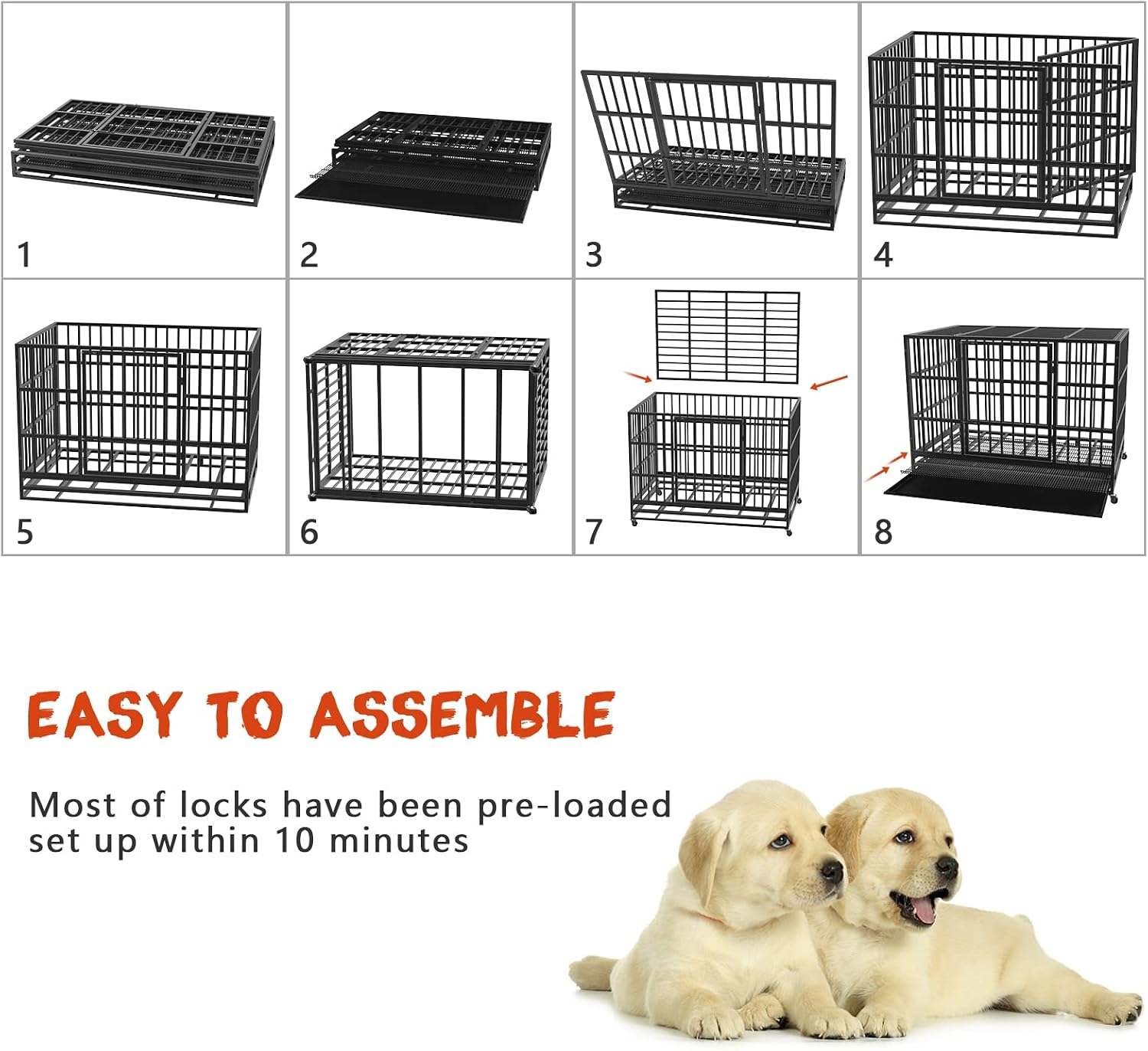 LEMBERI 48" Heavy Duty Dog Crate for Large Dogs, Black | Indestructible escape-proof cage kennel for high anxiety dogs, with removable wire trays & lockable wheels