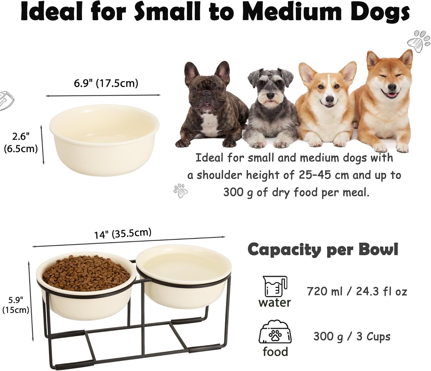 Elevated Ceramic Dog Bowl Set - Double Dishes with Non-Slip Iron Stand - Raised Feeding Station for Food & Water - Ideal for Small and Medium Dogs - 2 × 720ml Capacity - Beige - 15 cm Height