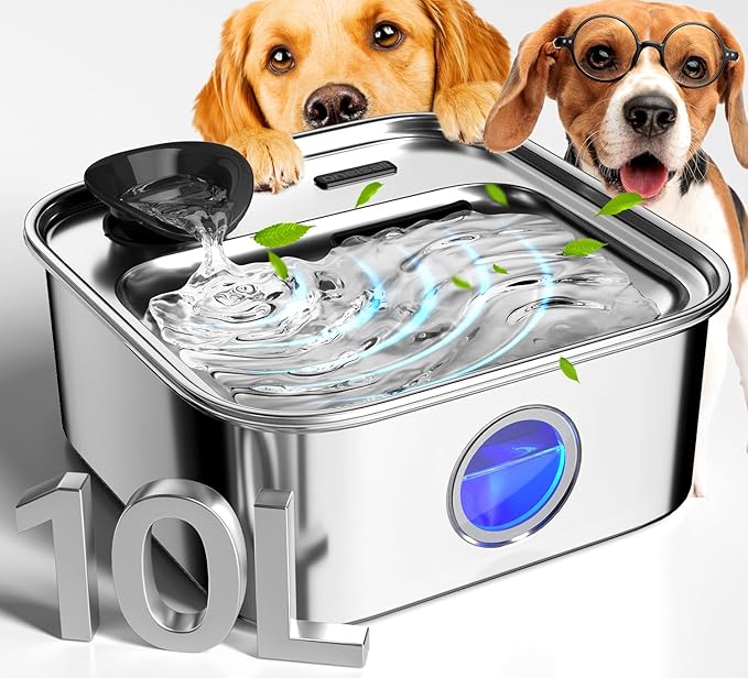 oneisall Dog Water Fountain for Large Dogs, 10L/2.6Gal Dog Fountain Water Bowl with Multi-Filtration & Deeper Drinking Aera, Large pet Water Fountain with Water Window & LED, Ultra-Quiet