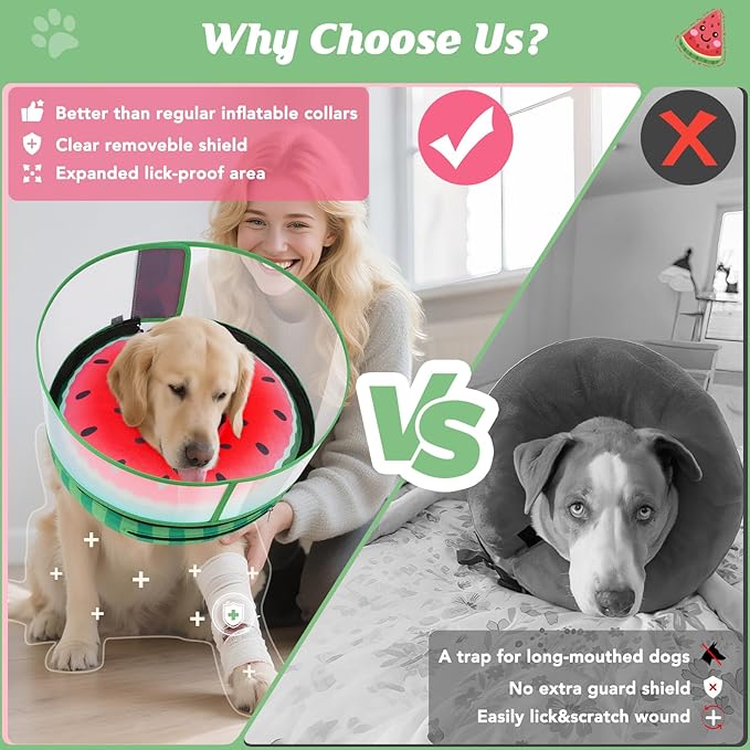 Inflatable Dog Cone with Anti-Licking Clear Shield, Protective Dog Donut Collar After Surgery, Adjustable Soft Recovery Cone for Pets, Alternative Collar with Buckle Strap (Watermelon, XL)