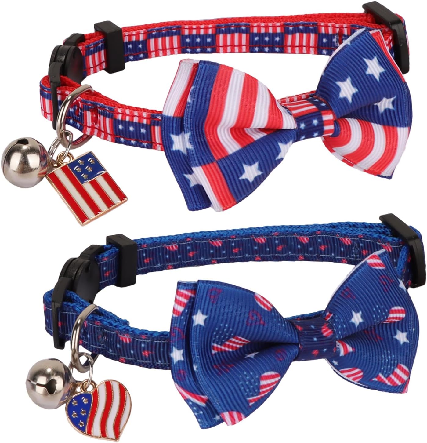 PTDECOR 4th of July Cat Collar with Bow, American Flag Patriotic Cat Collar | Detachable Bow Tie, Safe Breakaway Buckle, Adjustable, 2 Pack 4th of July Patriotic Collar for Cats Kittens