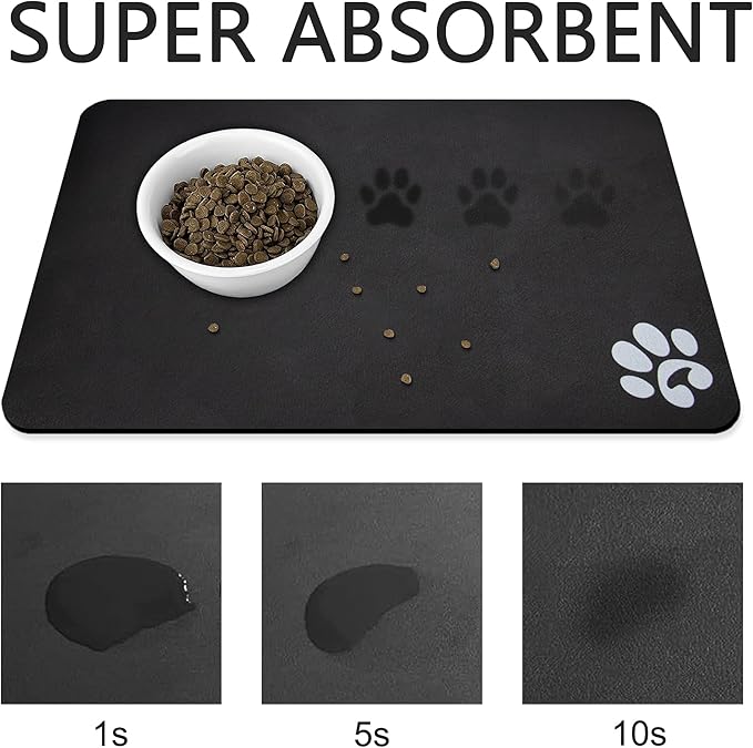 YCT Pet Dog Cat Feeding Mats - Non-Slip, Super Absorbent, Eating Mat with Footprints, 24 x 16.9 inches, Dark Grey