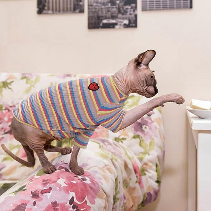 DENTRUN Hairless Cats Shirt Breathable Cat Daily Wear Clothes Stripe Vest Adorable Pajamas Jumpsuit Soft & Skin-Friendly
