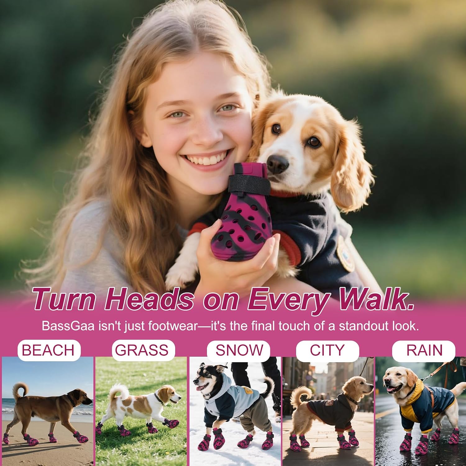 Dog Shoes for Hot Pavement and Snow, Silicone Dog Booties for Small Medium Large Dogs, Waterproof Paw Protectors- Non-Slip, Adjustable Straps, Dog Boots for Beach/Rain/Hiking (Black Pink, L)