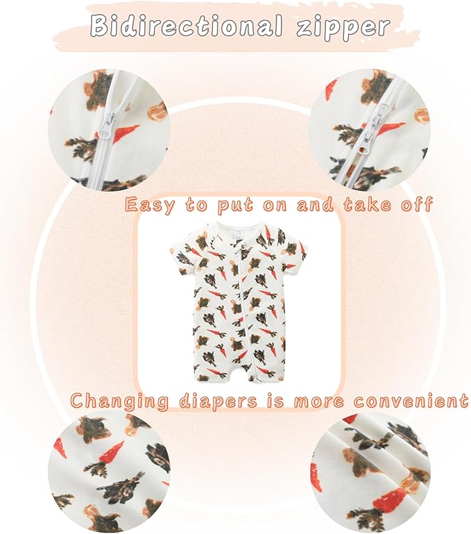 Unisex Summer Trendy 2-Pack Rompers Short Sleeve Zipped Bodysuit Infant Cotton Outfits