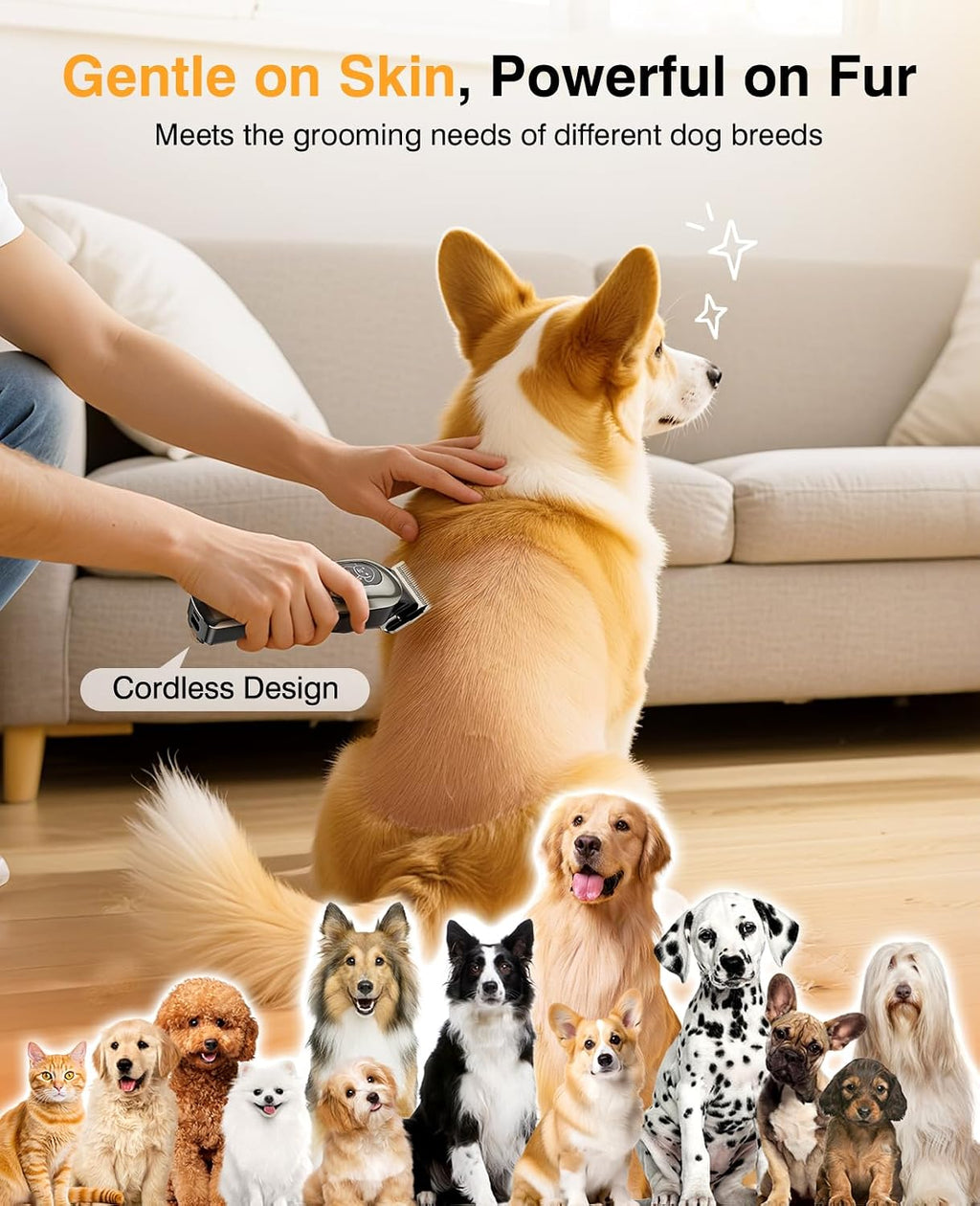 Dog Clippers for Grooming, Dog Grooming Kit for Heavy Thick Hair, Low Noise Cordless Pet Hair Trimmer with Stainless Steel Blade, Professional Rechargeable Hair Trimmer for Dogs and Cats Sliver