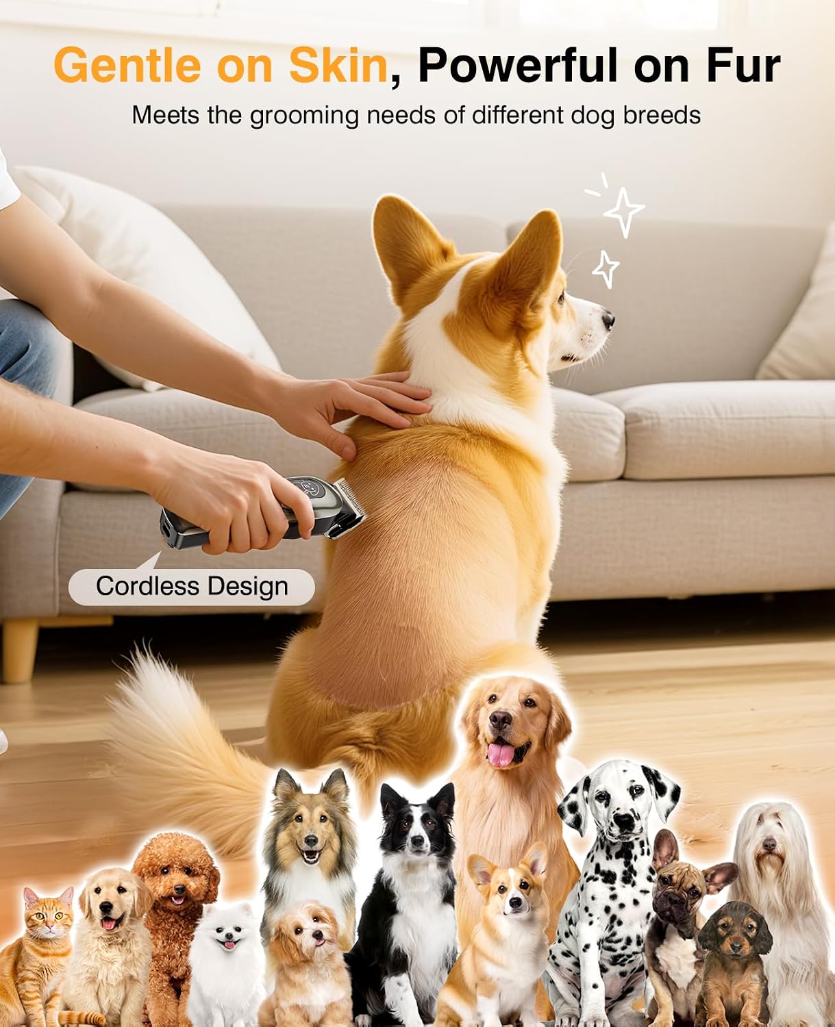 Dog Clippers for Grooming, Dog Grooming Kit for Heavy Thick Hair, Low Noise Cordless Pet Hair Trimmer with Stainless Steel Blade, Professional Rechargeable Hair Trimmer for Dogs and Cats Sliver
