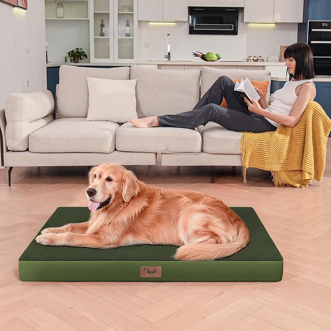 Orthopedic Dog Crate Bed for Extra Large Dogs, XXL Waterproof Comfort Pet Bed with Egg Crate Foam 47x29 Inch, Removable Oxford Cover, Olive Green
