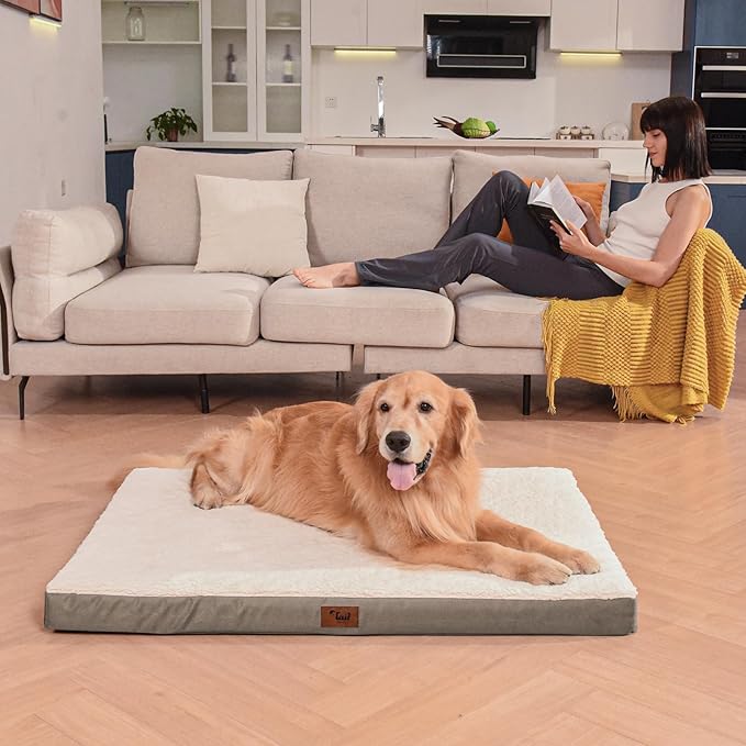Orthopedic Dog Crate Bed for Extra Large Dogs, XXL Waterproof Comfort Pet Bed with Egg Crate Foam 47x29 Inch, Removable Oxford Cooling Cover, Khaki White