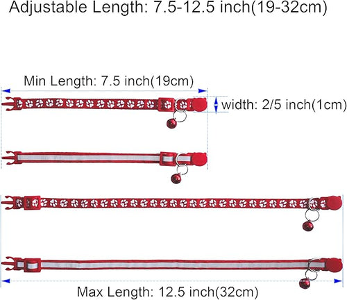 2 Pack Breakaway Cat Collars with Bells, Reflective Design and Claw Print Design, Safety Buckle, Adjustable 7.5-12.5 Inches for Kittens & Cats (Red)