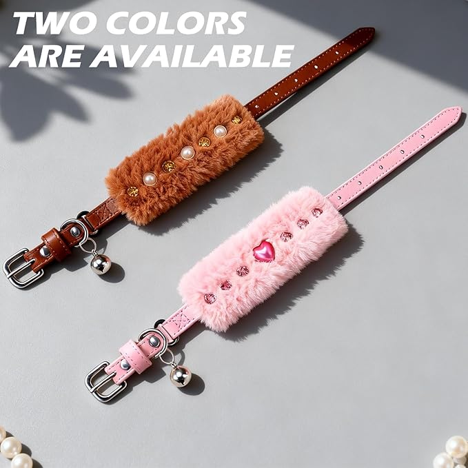 EXPAWLORER Valentine's Day Cat Collar - Adjustable Furry Leather Cat Collars with Pearls and Gemstones for Girl Boy Cats, Elegant Plush Pet Collar with Bell & Durable D-Ring, Pink