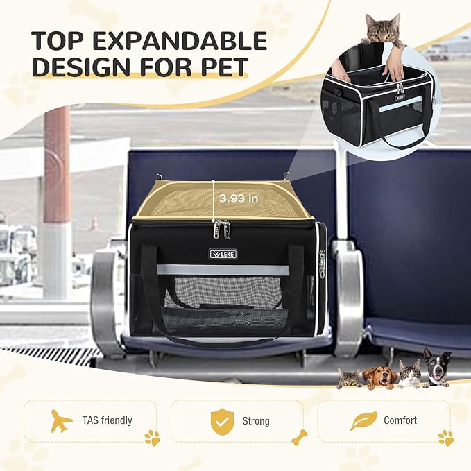 Lekereise Top-Expandable Pet Carrier 17x11x9.5 Inch Alaska Hawaiian Airline Approved Soft Sided Underseat to 12lbs Travel Carriers for Small Cats and Dogs with Locking Safety Zippers Anti-Scratch Mesh