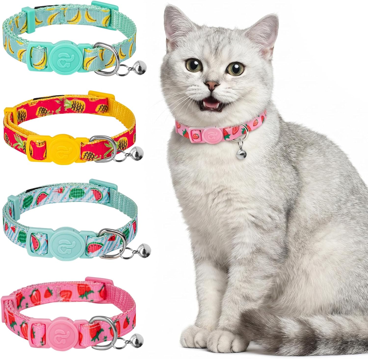 azuza 4 Pack Cat Collars, Breakaway Buckle Cat Collar with Bell, Fruit | Secure Quick Release Buckle, Easy Adjustment, Removable Bell for Added Safety, Soft Nylon Webbing, Boy Girl Cat Collars