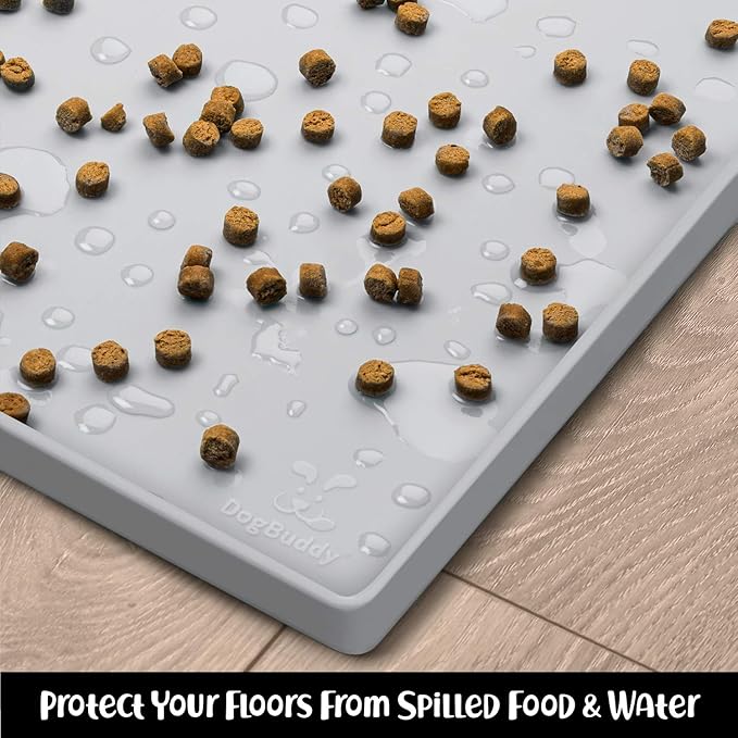 DogBuddy Dog Food Mat – Waterproof Dog Bowl Mat for Food and Water, Silicone Pet Feeding Mats for Floors, Non-Slip Placemat with High Edges for Dogs Bowls, Puppy Essentials (Small: 19"x12", Mist)