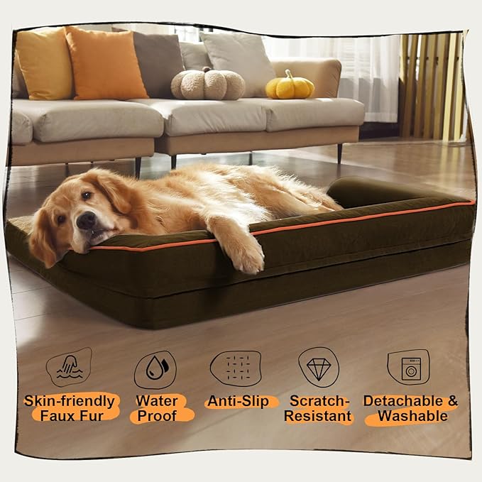Extra Large Dog Bed-Orthopedic Waterproof XL Dog Bed for XLarge Extra Big Dogs - Foam Couch Sofa Washable with Removable Cover-Brown