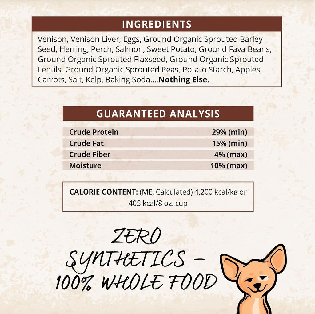 CARNA4 Air Dried Dog Food, Venison Recipe, 5 Pound | Pastured New Zealand Venison & Sprouted Seeds, Quick-Baked & Never Extruded, Easy-Chew, No Synthetic Vitamins or Minerals