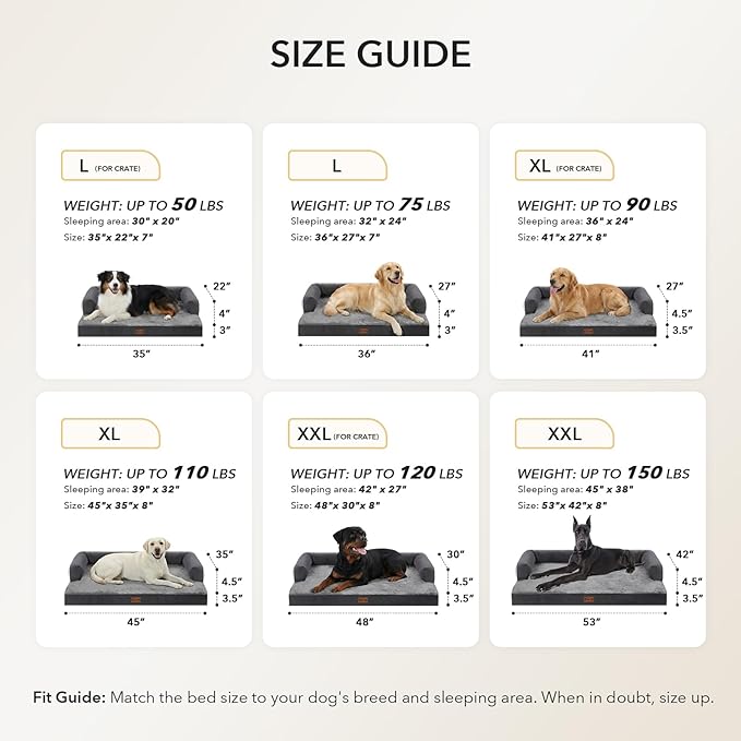 Orthopedic Dog Beds for Extra Large Dogs, Waterproof Egg Crate Foam XL Dog Bed with Sides 45x35Inch, Big Dogs Couch Beds with Removable Washable Cover and Nonskid Bottom, Dark Grey
